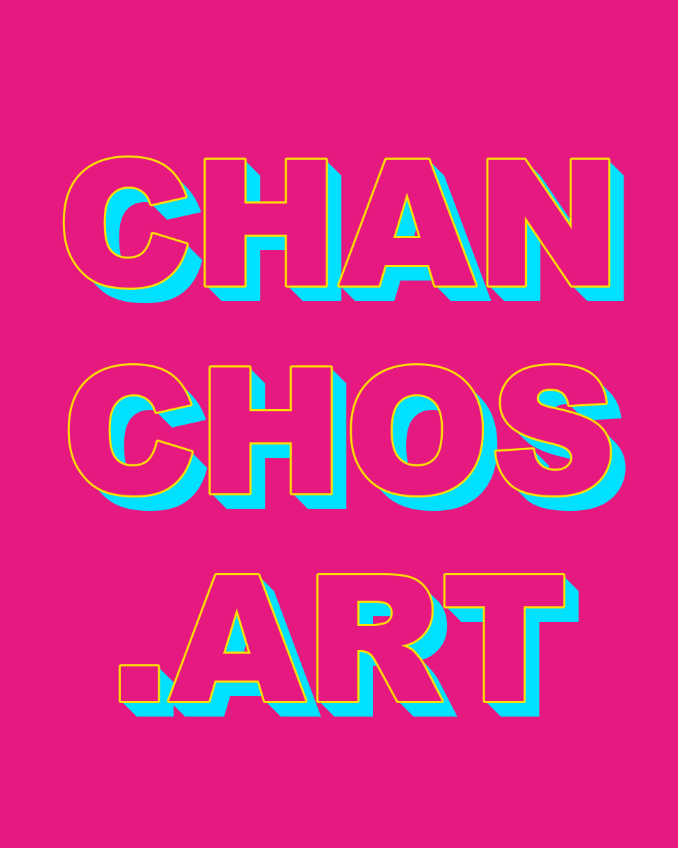 chanchos.art en letras con contorno amarillo y volumen celeste