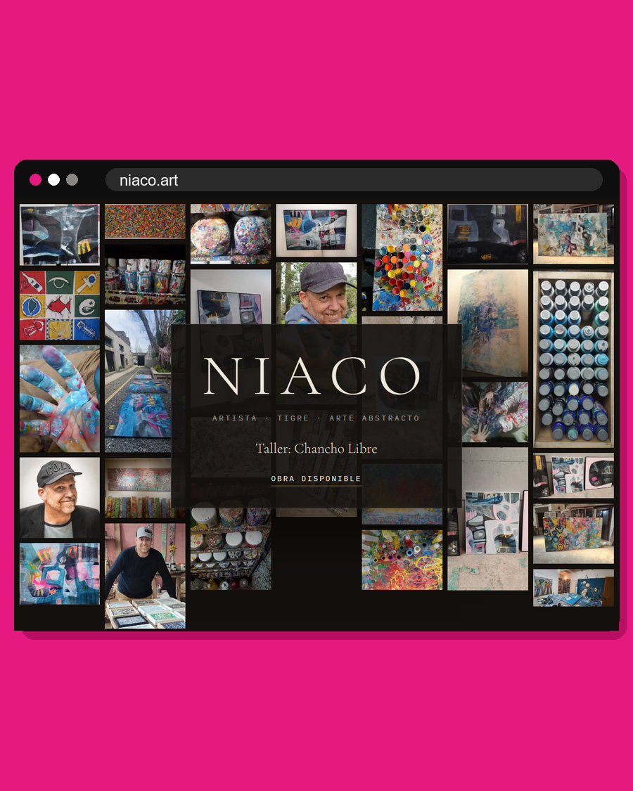 La web niaco.art: una fachada con una grilla de obras y el nombre del artista